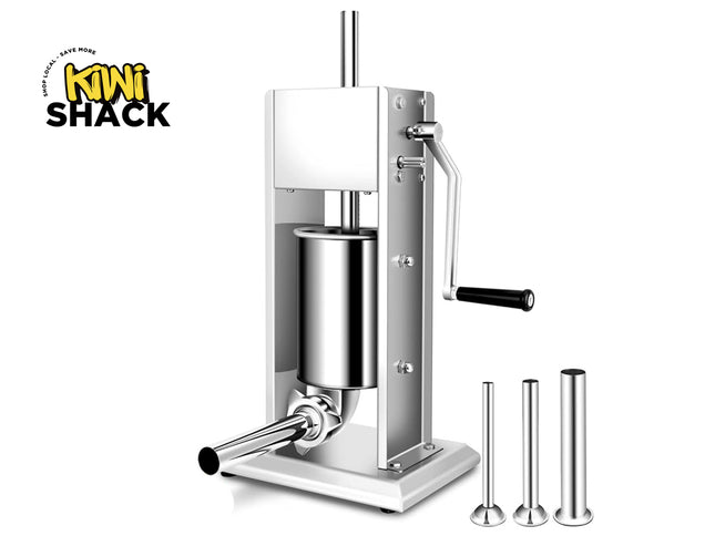 Stainless steel sausage maker with attachments on a white background, branded 'Kiwi Shack'.
