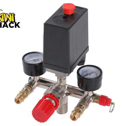 Pressure regulator with gauges and red knobs on a white background, branded 'Kiwi Shack'.