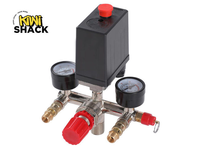 Pressure regulator with gauges and red knobs on a white background, branded 'Kiwi Shack'.