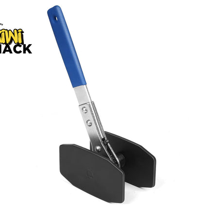 Metal trowel with blue handle on a white background, featuring Kiwi Shack logo.