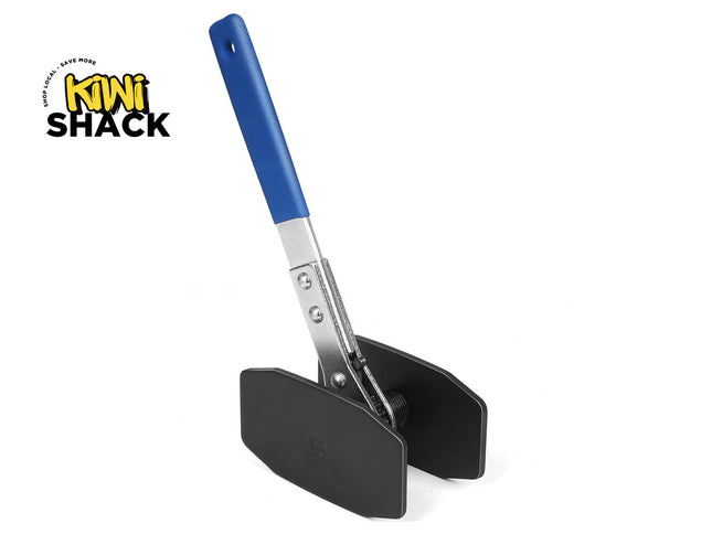 Metal trowel with blue handle on a white background, featuring Kiwi Shack logo.