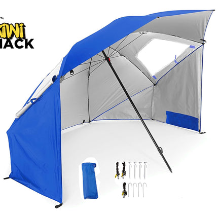 Blue and gray umbrella tent with Kiwi Shack logo on a white background