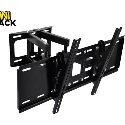 A heavy-duty black articulating full-motion TV wall mount with dual arms and adjustable mounting brackets, featuring the "Kiwi Shack" logo in the top-left corner.