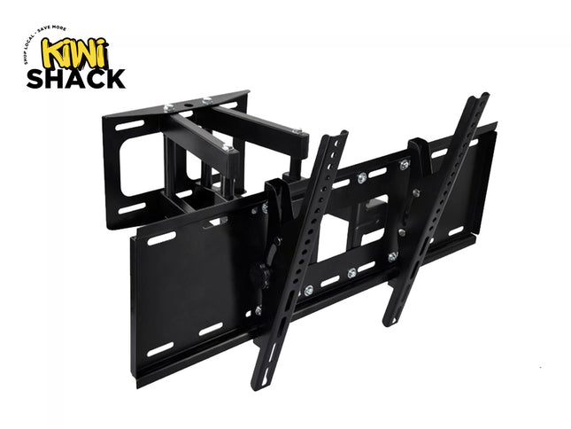 A heavy-duty black articulating full-motion TV wall mount with dual arms and adjustable mounting brackets, featuring the "Kiwi Shack" logo in the top-left corner.