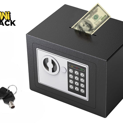 Kiwi Shack electronic security deposit box safe with digital keypad, cash drop slot, and override keys.