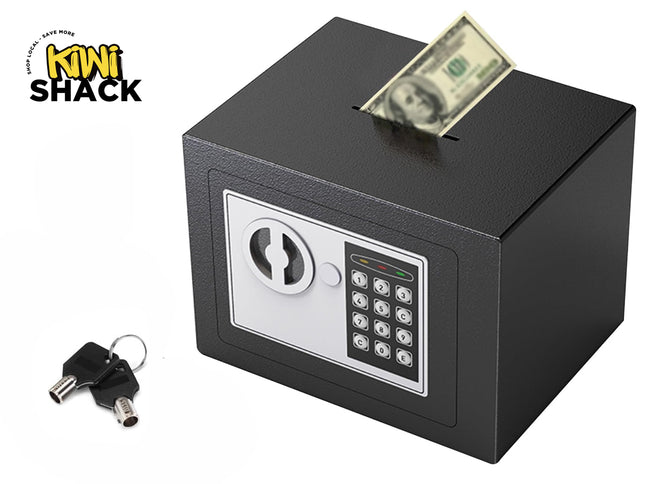 Kiwi Shack electronic security deposit box safe with digital keypad, cash drop slot, and override keys.