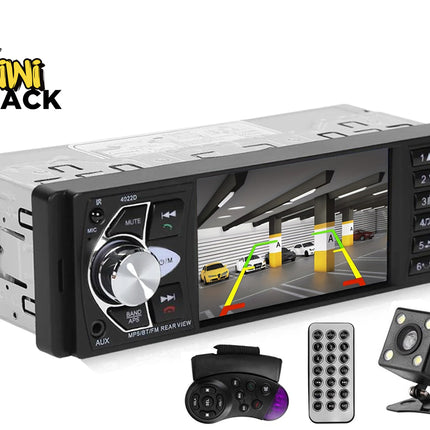 A Kiwi Shack car stereo headunit with a built-in rearview screen showing a parking garage image, accompanied by a remote control, a backup camera, and a handbrake switch on a white background.