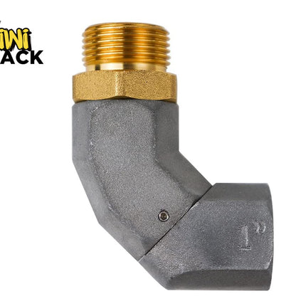 A 1-inch swivel pipe fitting made of a gray metallic body and a threaded brass top connector, set against a white background with the "Kiwi Shack" logo in the top left corner.