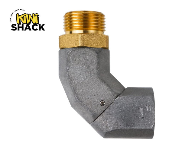 A 1-inch swivel pipe fitting made of a gray metallic body and a threaded brass top connector, set against a white background with the "Kiwi Shack" logo in the top left corner.