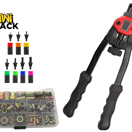 Crimping tool with colorful attachments and a clear container of small components on a white background, branded 'Kiwi Shack'.