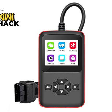 Car diagnostic tool with display and buttons on a white background, branded with 'Kiwi Shack'.