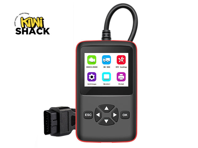 Car diagnostic tool with display and buttons on a white background, branded with 'Kiwi Shack'.