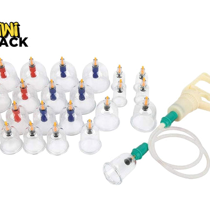Cupping therapy set with suction pump on a white background, branded as Kiwi Shack.