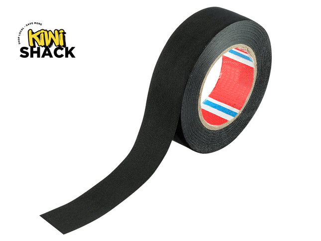 Black tape roll with visible brand logo on a white background