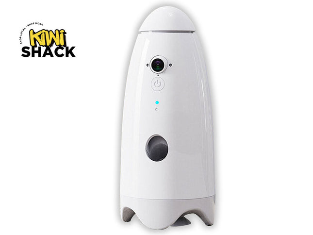 White electronic device with a blue light on a white background, featuring the Kiwi Shack logo.