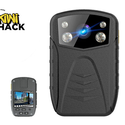 Body camera with remote control on a white background, featuring the Kiwi Shack logo.