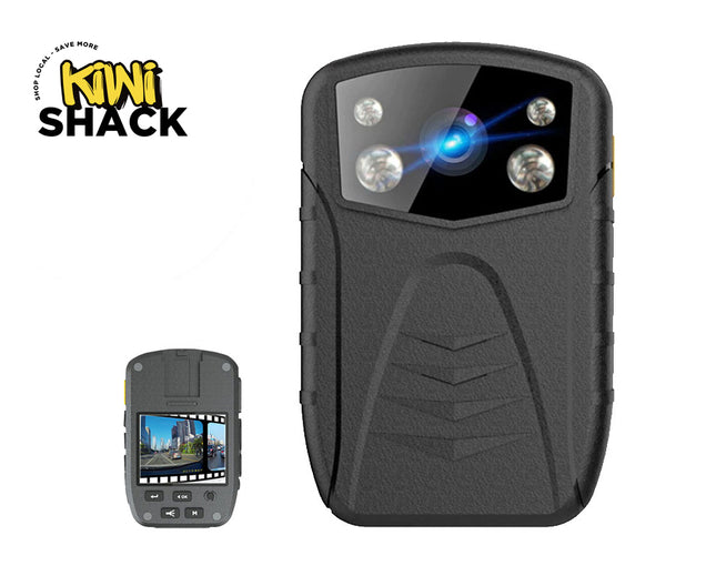 Body camera with remote control on a white background, featuring the Kiwi Shack logo.