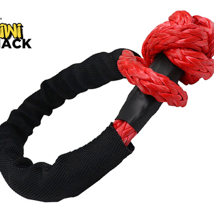 Black and red dog toy with a knotted design on a white background, featuring the Kiwi Shack brand.