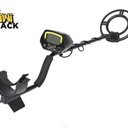 A black metal detector with a digital display control box, padded armrest, and search coil, featuring the "Kiwi Shack" logo in the top-left corner.