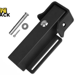 A black metal locking bracket device with an integrated keyhole cylinder, displayed with a silver clevis pin, washer, and cotter pin, with a "Kiwi Shack" logo in the top left corner.