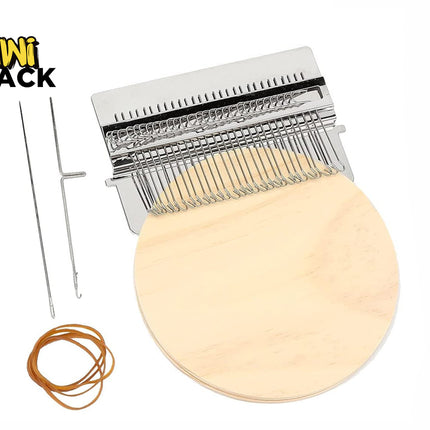 Kiwi Shack speed weave small darning loom kit for clothes mending with circular wooden base, metal loom hooks, and tools.
