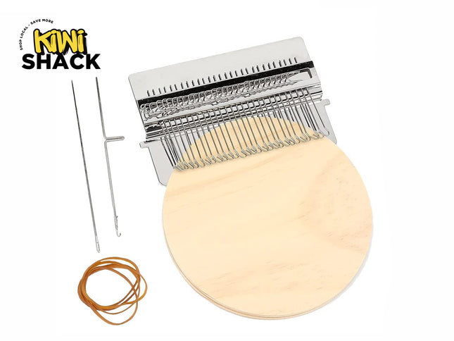 Kiwi Shack speed weave small darning loom kit for clothes mending with circular wooden base, metal loom hooks, and tools.
