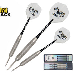 Set of three steel-tipped darts with knurled silver barrels, black patterned shafts, and white flights featuring a tribal scorpion graphic, shown alongside an open black hard-shell storage case, featuring Kiwi Shack logo in top left.