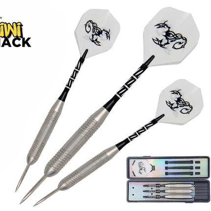 Set of three steel-tipped darts with knurled silver barrels, black patterned shafts, and white flights featuring a tribal scorpion graphic, shown alongside an open black hard-shell storage case, featuring Kiwi Shack logo in top left.