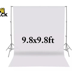 A 9.8x9.8 ft photography background support stand with a white backdrop cloth, featuring the "Kiwi Shack" logo in the top-left corner.