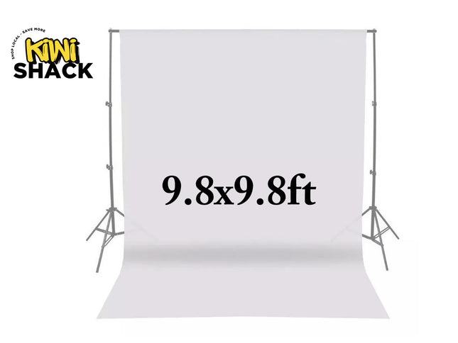 A 9.8x9.8 ft photography background support stand with a white backdrop cloth, featuring the "Kiwi Shack" logo in the top-left corner.