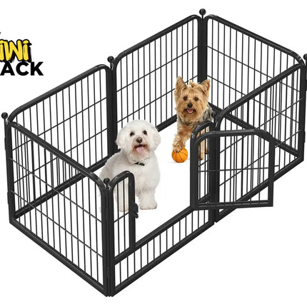 Black metal pet playpen with two dogs inside, featuring the Kiwi Shack brand.