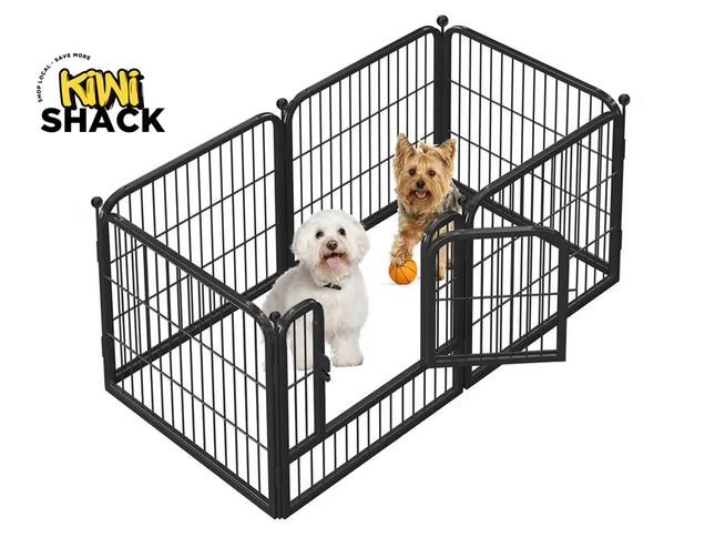 Black metal pet playpen with two dogs inside, featuring the Kiwi Shack brand.