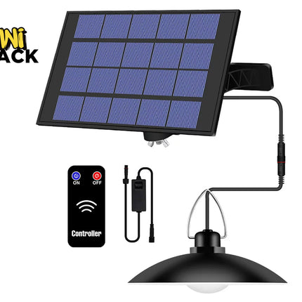 Solar light system with solar panel, controller, and light bulb on a white background, featuring Kiwi Shack brand.