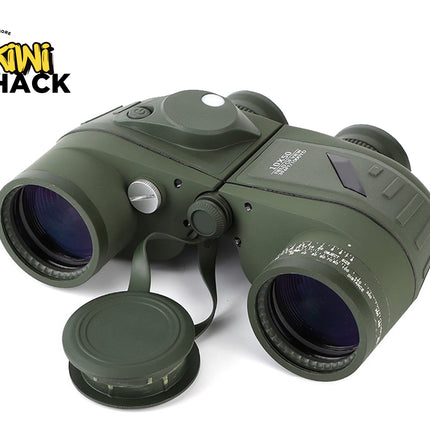 Green binoculars with Kiwi Shack logo on a white background
