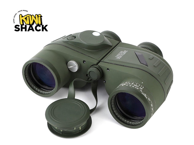 Green binoculars with Kiwi Shack logo on a white background