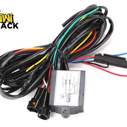 A black wiring harness with a central electronic control module, featuring multiple colored wires in red, yellow, green, and blue, and various connector plugs. The Kiwi Shack logo is visible in the top-left corner.