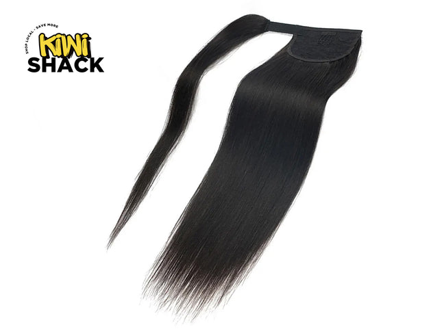 Black hair extension on a white background with 'Kiwi Shack' branding.