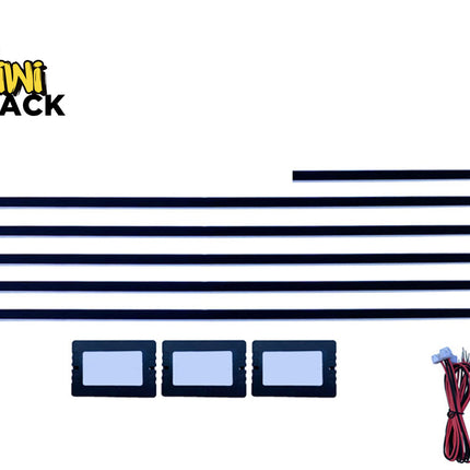 A set of automotive light bars and control modules from Kiwi Shack, displayed on a clean white background. The kit includes five long black light bars, three rectangular black modules with light blue lenses, two wiring harnesses with red and black wires, and the Kiwi Shack logo in the top left corner.