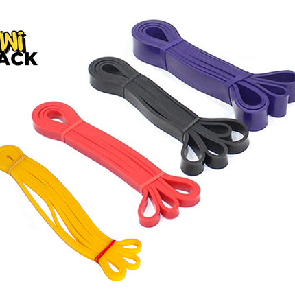 Set of four heavy-duty latex resistance loop bands / pull-up assist bands in yellow, red, black, and purple, neatly bundled with bands and featuring the Kiwi Shack logo watermark.