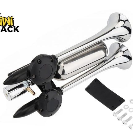A set of three chrome horn assemblies with black mounting brackets and hardware, shown on a white background with a Kiwi Shack logo in the top-left corner.