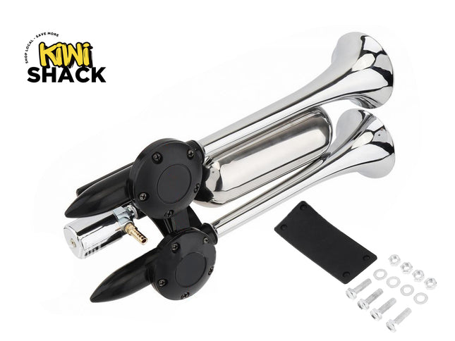 A set of three chrome horn assemblies with black mounting brackets and hardware, shown on a white background with a Kiwi Shack logo in the top-left corner.