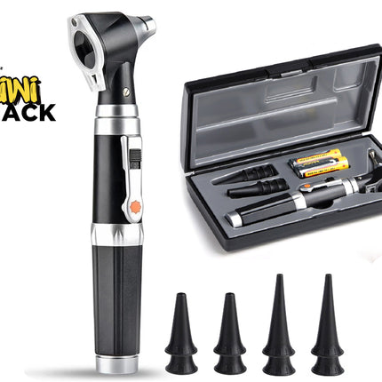 A handheld otoscope examination tool shown upright next to an open black storage case containing accessories, with four black ear tips arranged below on a white background. A Kiwi Shack logo appears in the upper left.
