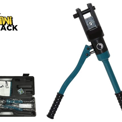 A teal and black hydraulic line cutter with a black carrying case shown open on a white background, alongside the Kiwi Shack logo.