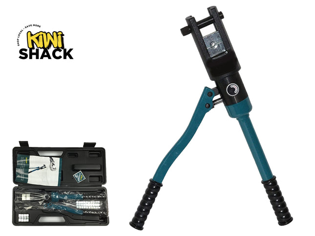 A teal and black hydraulic line cutter with a black carrying case shown open on a white background, alongside the Kiwi Shack logo.
