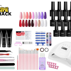Nail art kit with gel polishes, tools, and a lamp on a white background, featuring the Kiwi Shack brand.