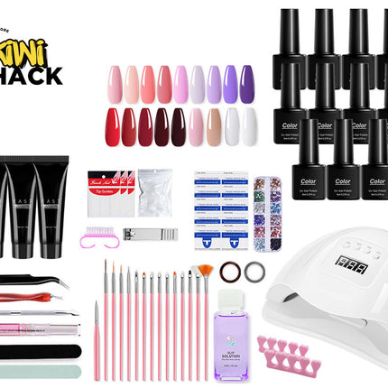Nail art kit with gel polishes, tools, and a lamp on a white background, featuring the Kiwi Shack brand.
