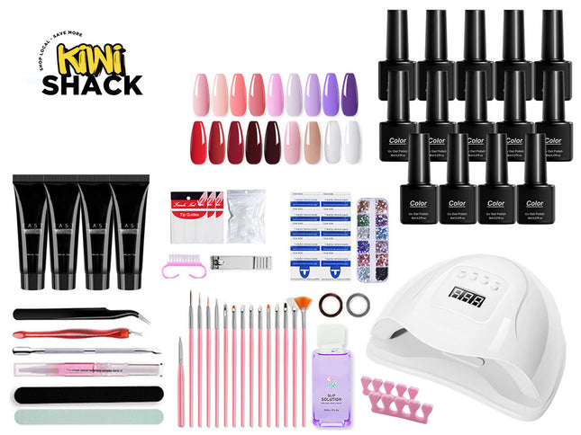 Nail art kit with gel polishes, tools, and a lamp on a white background, featuring the Kiwi Shack brand.