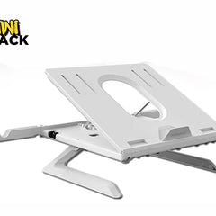 A white adjustable laptop stand with ventilation slots, a central cutout, and a pull-out phone holder on the side against a white background, featuring the "Kiwi Shack" logo in the upper left corner.