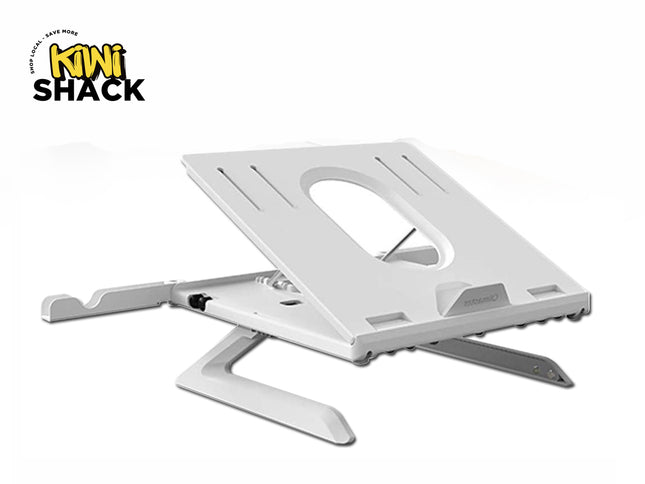 A white adjustable laptop stand with ventilation slots, a central cutout, and a pull-out phone holder on the side against a white background, featuring the "Kiwi Shack" logo in the upper left corner.