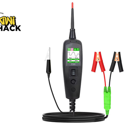 Black electronic device with red and black leads on a white background, featuring the Kiwi Shack logo.